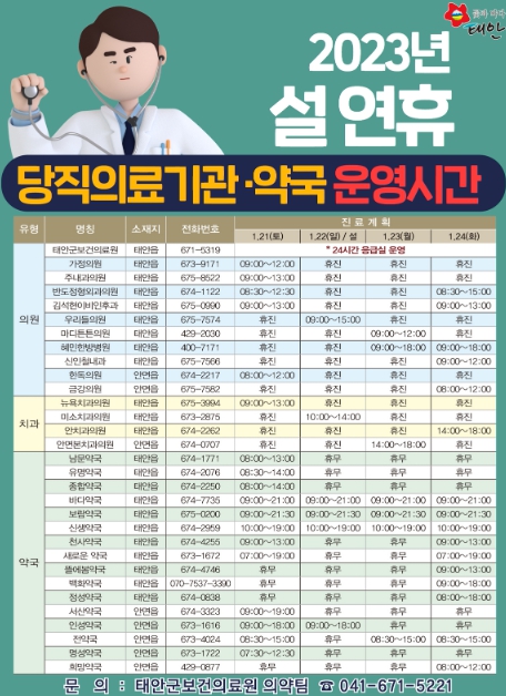 연휴기간 당직의료기관 및 약국 안내(태안군 카드뉴스).
